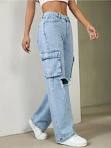 Fearless Fit Knee-Rip Cargo Jeans – Light Blue Cargo Jeans Back View – Glossia Fashion