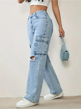 Fearless Fit Knee-Rip Cargo Jeans – Light Blue Cargo Jeans Style View – Glossia Fashion