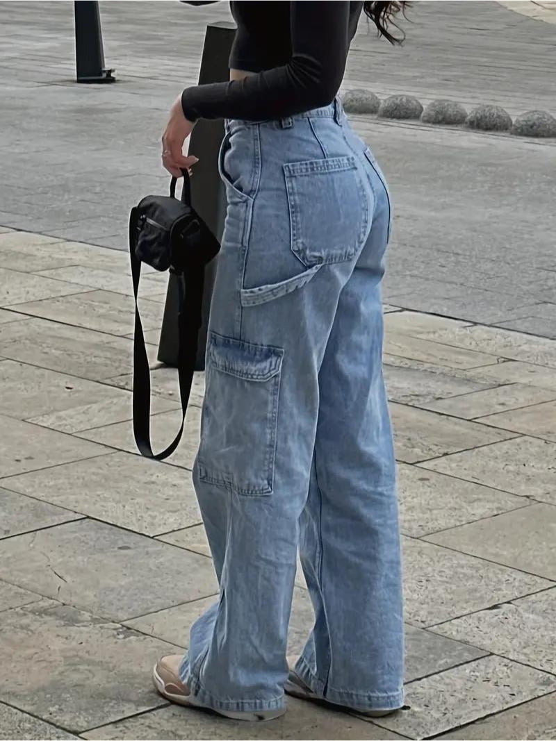 Gravity Fit Vintage Wash Cargo Jeans – Light Blue Cargo Jeans Back View – Glossia Fashion