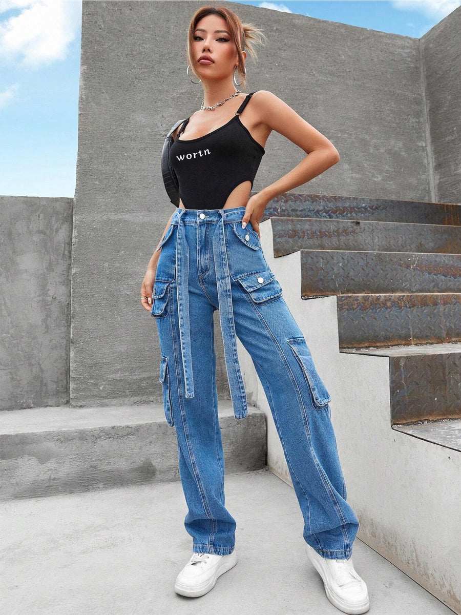 Street Vibe Pocket Detail Denim – Blue Denim Jeans Style View – Glossia Fashion