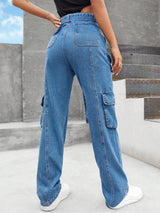 Street Vibe Pocket Detail Denim – Blue Denim Jeans Side View – Glossia Fashion