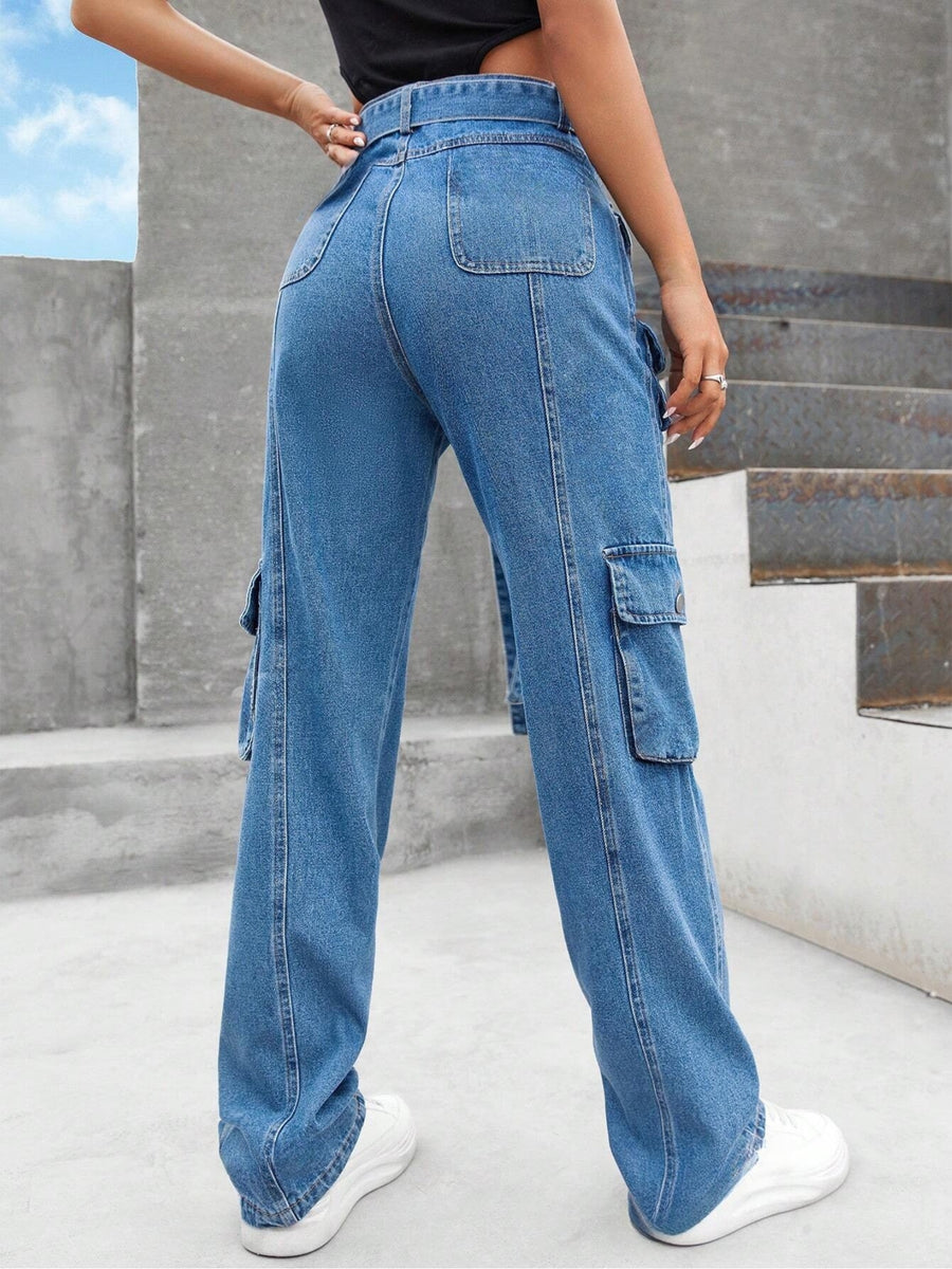 Street Vibe Pocket Detail Denim – Blue Denim Jeans Side View – Glossia Fashion