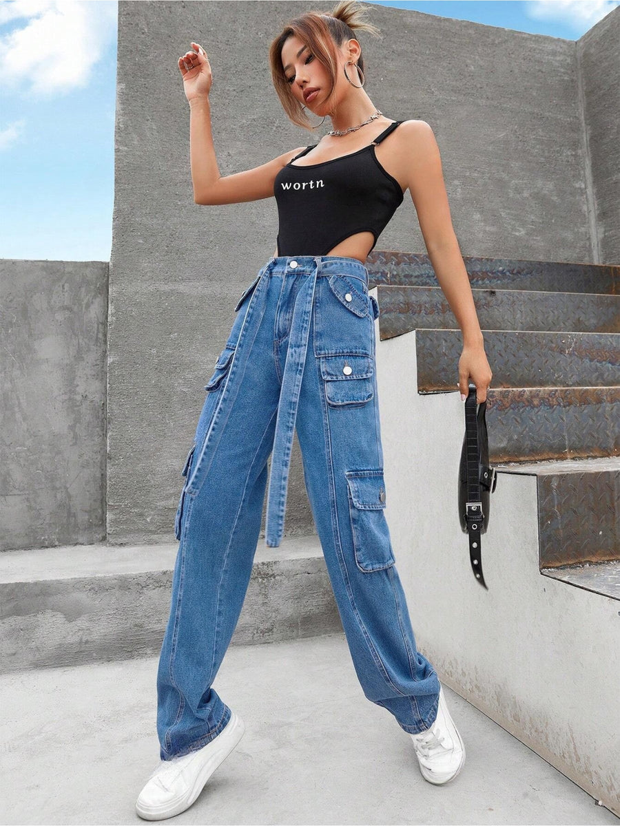 Street Vibe Pocket Detail Denim – Blue Denim Jeans Back View – Glossia Fashion