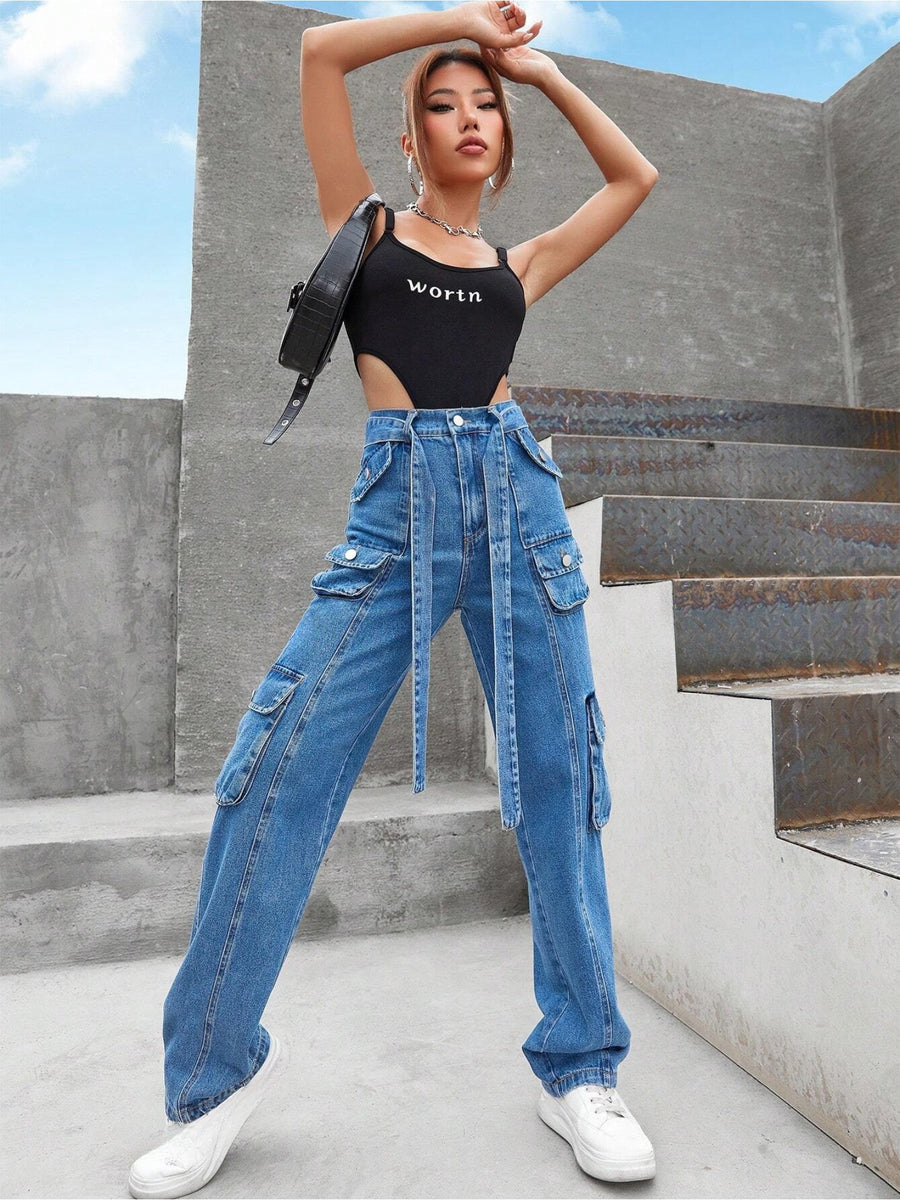 Street Vibe Pocket Detail Denim – Blue Denim Jeans – Glossia Fashion