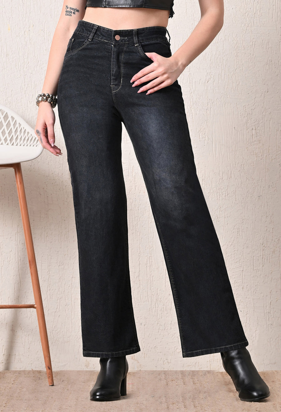 Onyx Luxe Straight Fit Jeans – Black Straight Fit Jeans Front View – Glossia Fashion