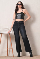 Onyx Luxe Straight Fit Jeans – Black Straight Fit Jeans Side View – Glossia Fashion