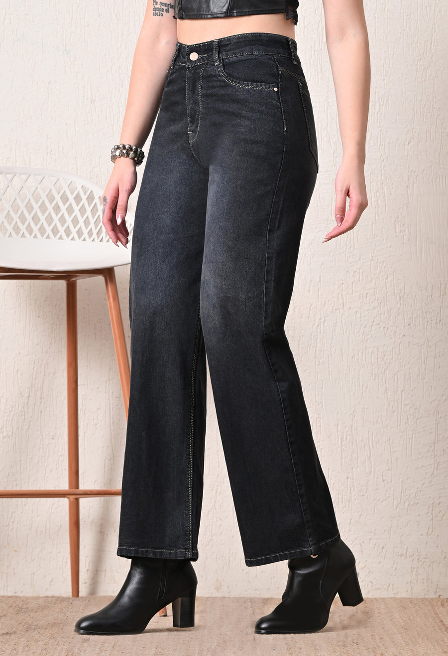 Onyx Luxe Straight Fit Jeans – Black Straight Fit Jeans Back View – Glossia Fashion