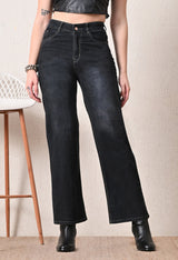 Onyx Luxe Straight Fit Jeans – Black Straight Fit Jeans Model View – Glossia Fashion