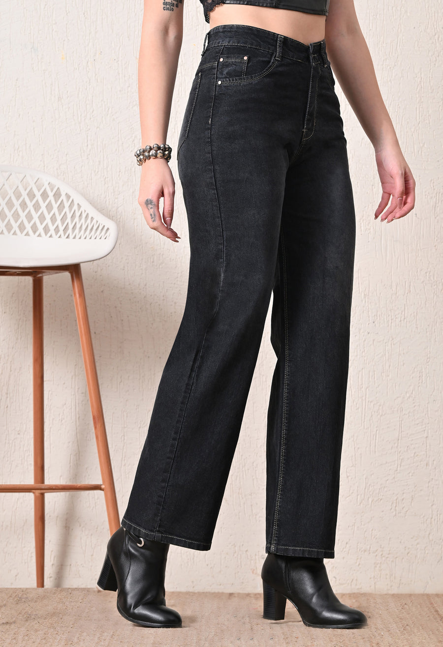 Onyx Luxe Straight Fit Jeans – Black Straight Fit Jeans Full Length – Glossia Fashion