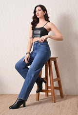 Midnight Noir Straight Jeans – Blue Straight Fit Jeans Side View – Glossia Fashion