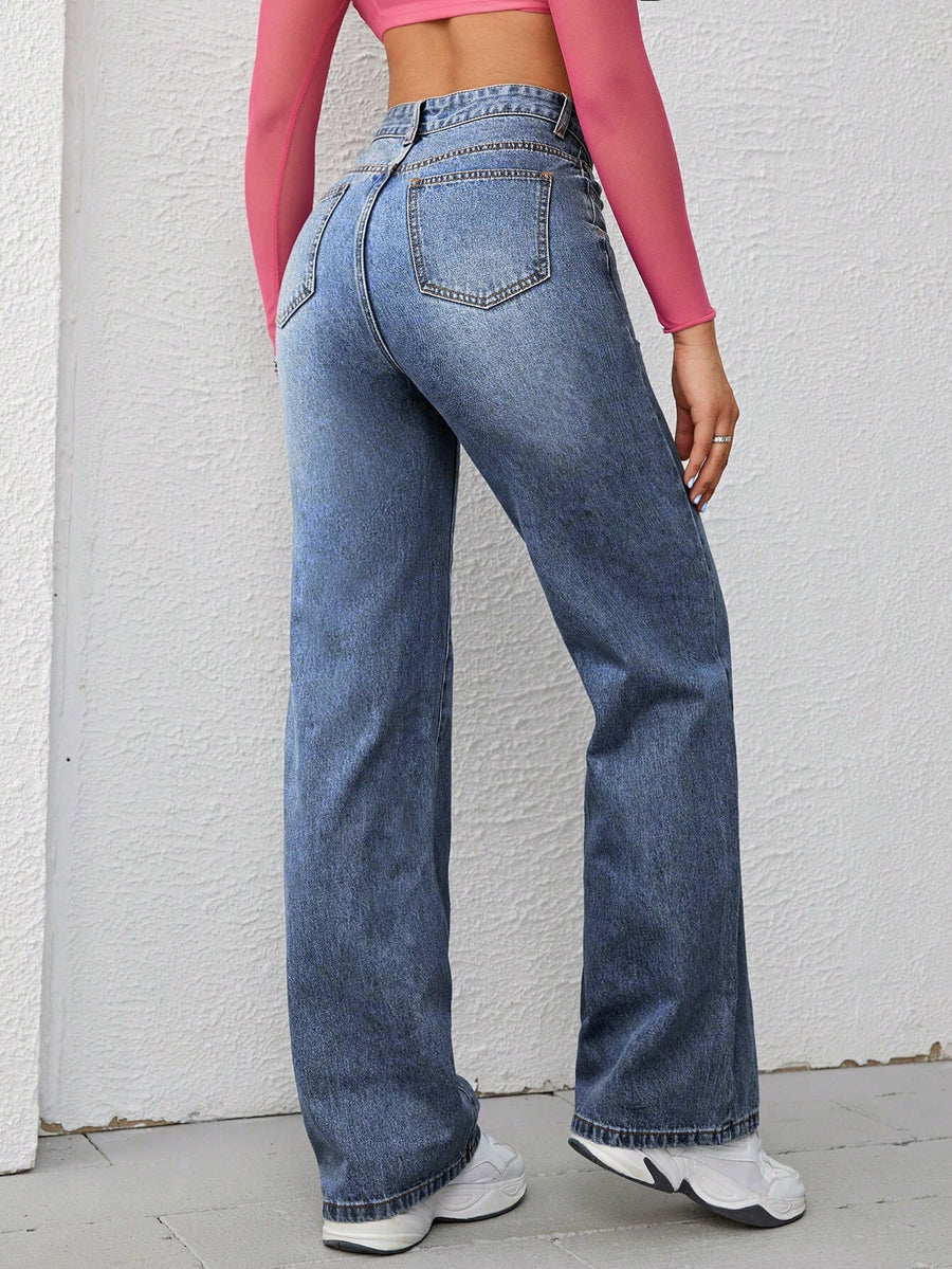 Core Classic Straight Denim – High Rise Straight Fit Jeans Side View – Glossia Fashion