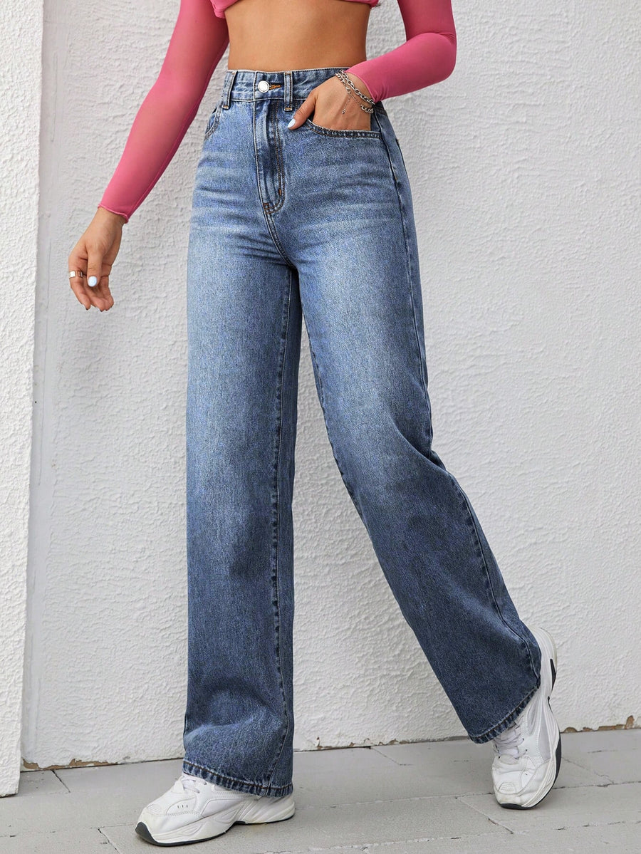 Core Classic Straight Denim – High Rise Straight Fit Jeans Back View – Glossia Fashion