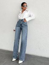 Midnight Walk Straight Fit – Midnight Blue Straight Fit Jeans Side View – Glossia Fashion