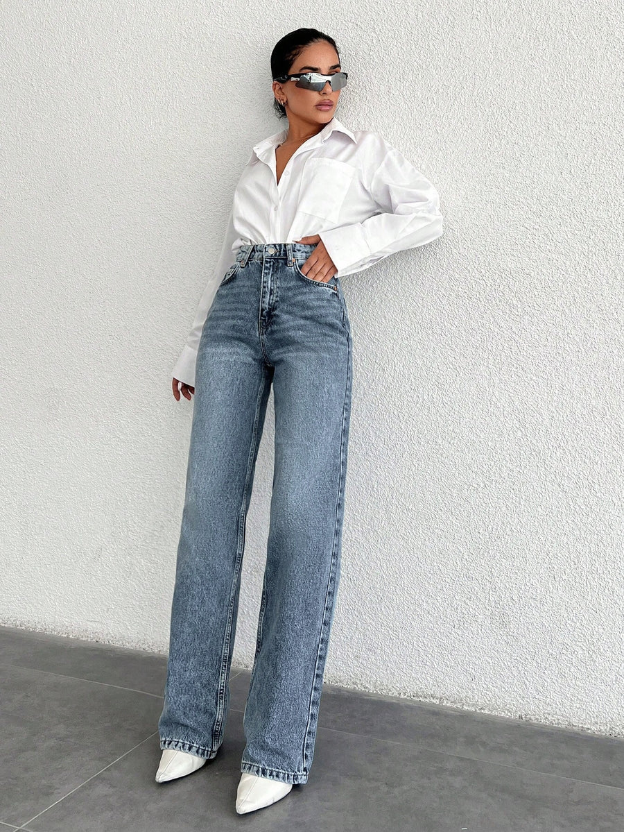 Midnight Walk Straight Fit – Midnight Blue Straight Fit Jeans Side View – Glossia Fashion