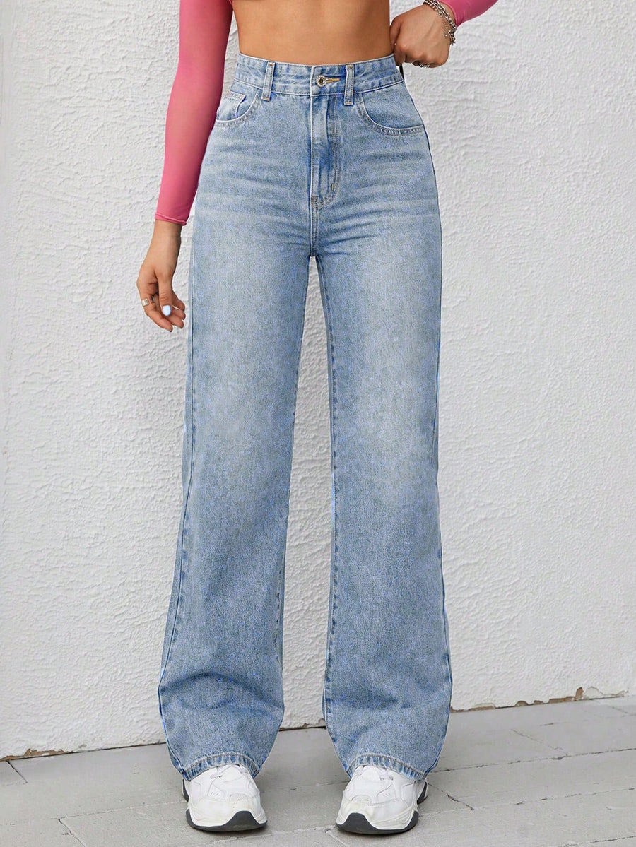 Uplift Line Straight Fit – Light Blue Straight Fit Jeans Front View – Glossia Fashion