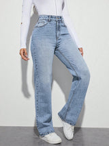 Ultra Ease Straight Fit – Blue Straight Fit Jeans Side View – Glossia Fashion