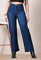 Indigo Luxe Straight Fit Jeans – Indigo Straight Fit Jeans Side View – Glossia Fashion
