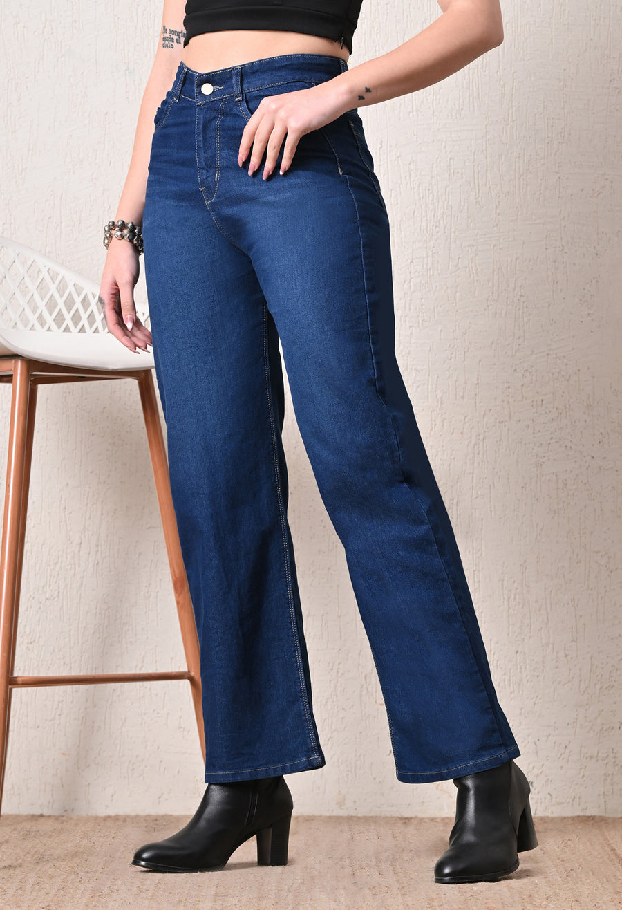 Indigo Luxe Straight Fit Jeans – Indigo Straight Fit Jeans Back View – Glossia Fashion