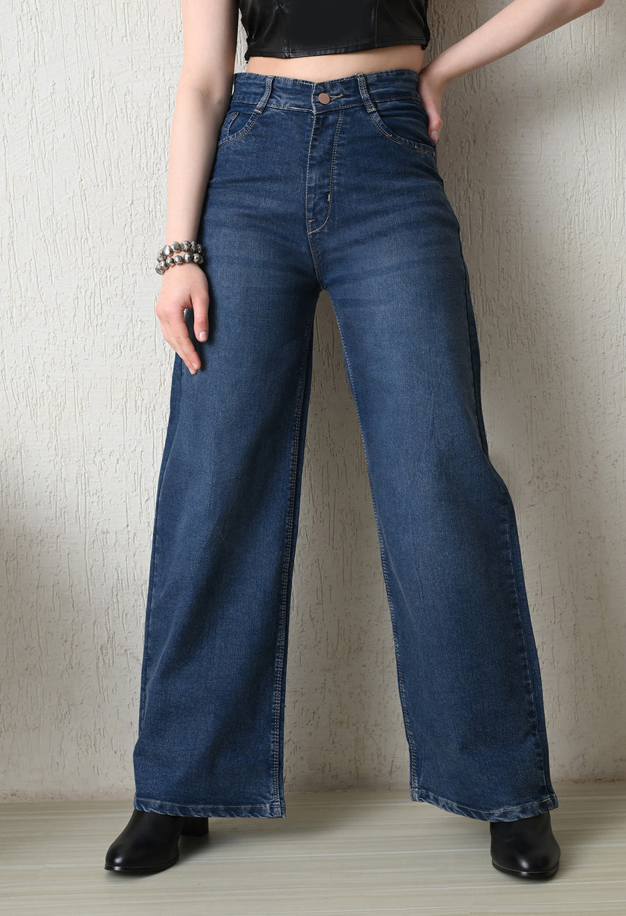 Midnight Acid Wash Wide-Leg Denim – Acid Wash Wide-Leg Jeans Front View – Glossia Fashion
