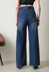 Midnight Acid Wash Wide-Leg Denim – Acid Wash Wide-Leg Jeans Back View – Glossia Fashion