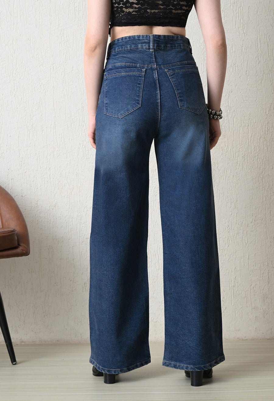 Midnight Acid Wash Wide-Leg Denim – Acid Wash Wide-Leg Jeans Back View – Glossia Fashion