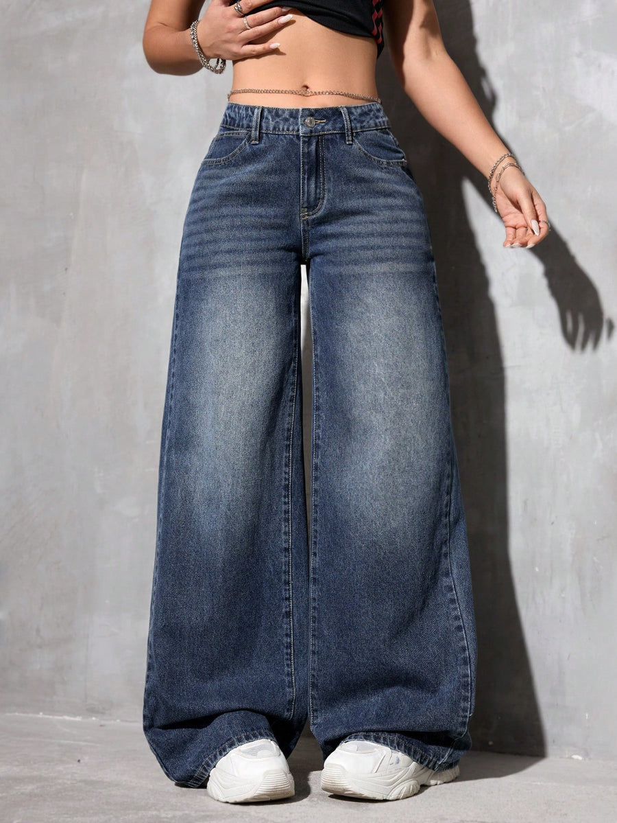 Midnight Acid Wash Wide-Leg Denim – Acid Wash Wide-Leg Jeans Front View – Glossia Fashion