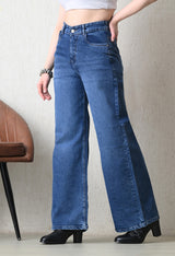 Aura Blue Wide-Fit Denim – Blue Wide-Leg Jeans Side View – Glossia Fashion