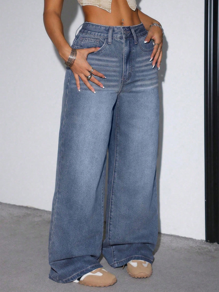 Classic Drift Wide Leg Denim – Blue Wide-Leg Jeans Side View – Glossia Fashion