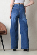 Aura Blue Wide-Fit Denim – Blue Wide-Leg Jeans Back View – Glossia Fashion