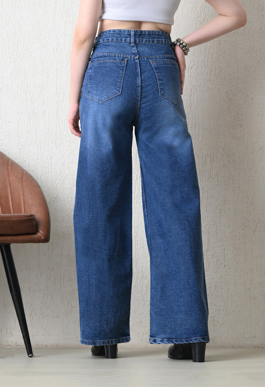 Aura Blue Wide-Fit Denim – Blue Wide-Leg Jeans Back View – Glossia Fashion