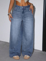 Classic Drift Wide Leg Denim – Blue Wide-Leg Jeans Detail View – Glossia Fashion