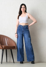 Aura Blue Wide-Fit Denim – Blue Wide-Leg Jeans Style View – Glossia Fashion