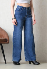 Aura Blue Wide-Fit Denim – Blue Wide-Leg Jeans Model View – Glossia Fashion