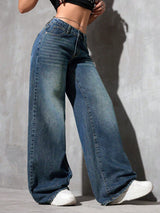 Vintage Drift Baggy Jeans – Green-Blue Wide-Leg Jeans Side View – Glossia Fashion