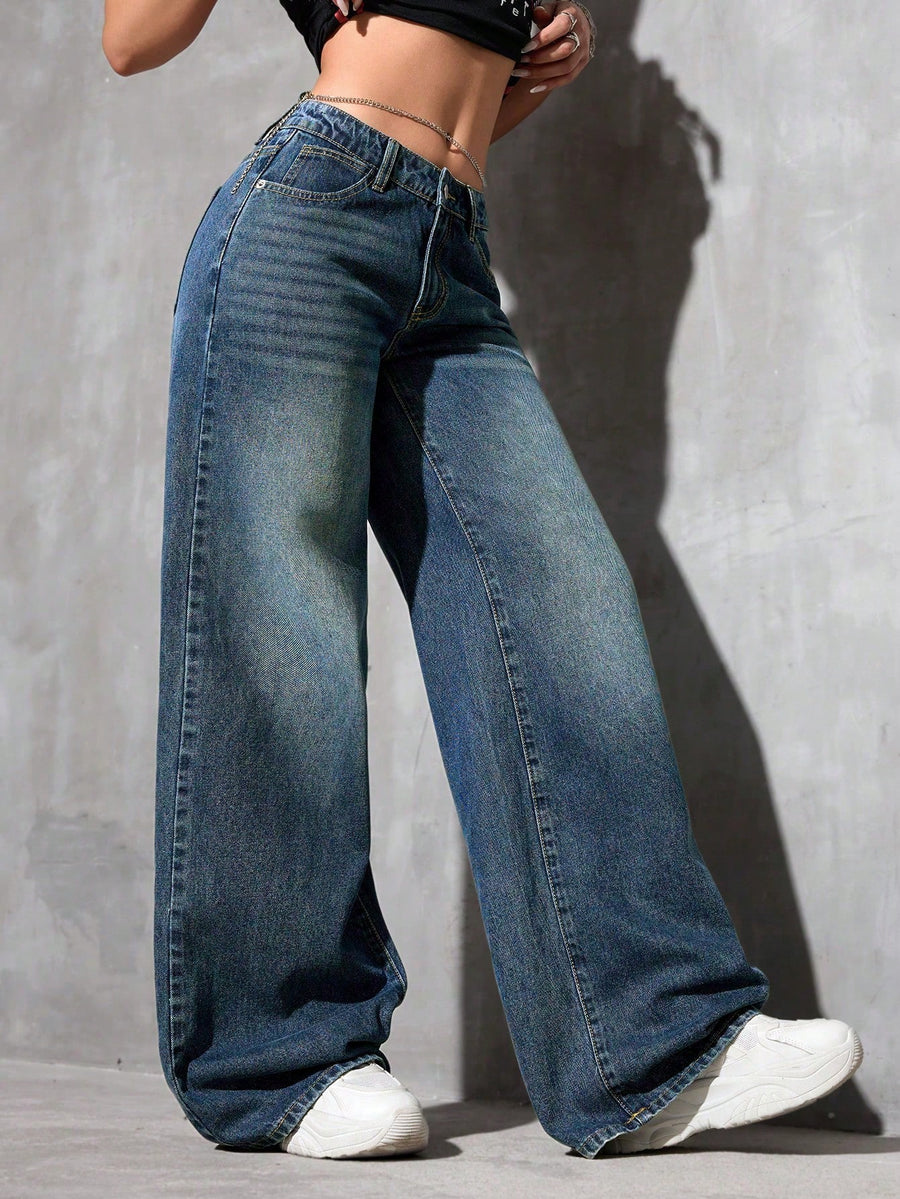 Vintage Drift Baggy Jeans – Green-Blue Wide-Leg Jeans Side View – Glossia Fashion