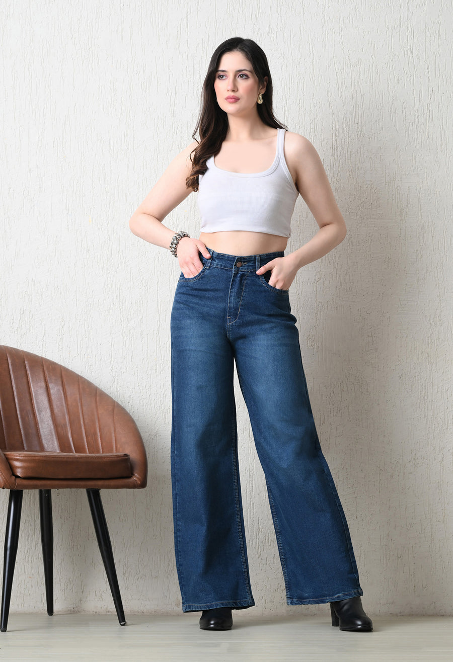 Blue Tint Wide-Leg Jeans – Green-Blue Wide-Leg Jeans Model View – Glossia Fashion