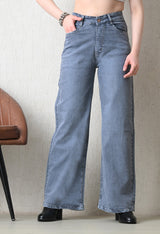 Stone Wash Wide-Leg – Grey Wide-Leg Jeans Front View – Glossia Fashion