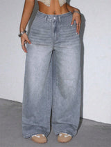 Soft Smoke Wide Denim – Grey Wide-Leg Jeans Back View – Glossia Fashion