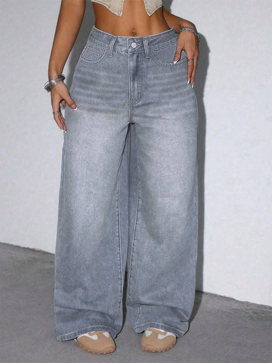 Soft Smoke Wide Denim – Grey Wide-Leg Jeans Back View – Glossia Fashion