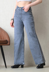 Stone Wash Wide-Leg – Grey Wide-Leg Jeans Back View – Glossia Fashion