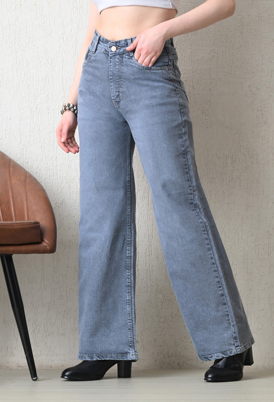 Stone Wash Wide-Leg – Grey Wide-Leg Jeans Back View – Glossia Fashion