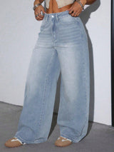 Ice Blue Wide-Leg Denim – Light Blue Wide-Leg Jeans Detail View – Glossia Fashion