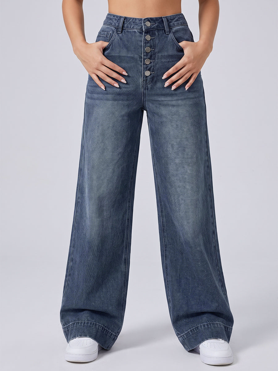 Locked In Button Fly Wide Legs – Navy Blue