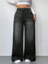 Drawstring High Waist Wide Jeans – Black Wide-Leg Jeans Front View – Glossia Fashion