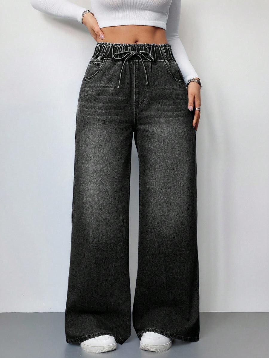 Drawstring High Waist Wide Jeans – Black Wide-Leg Jeans Front View – Glossia Fashion