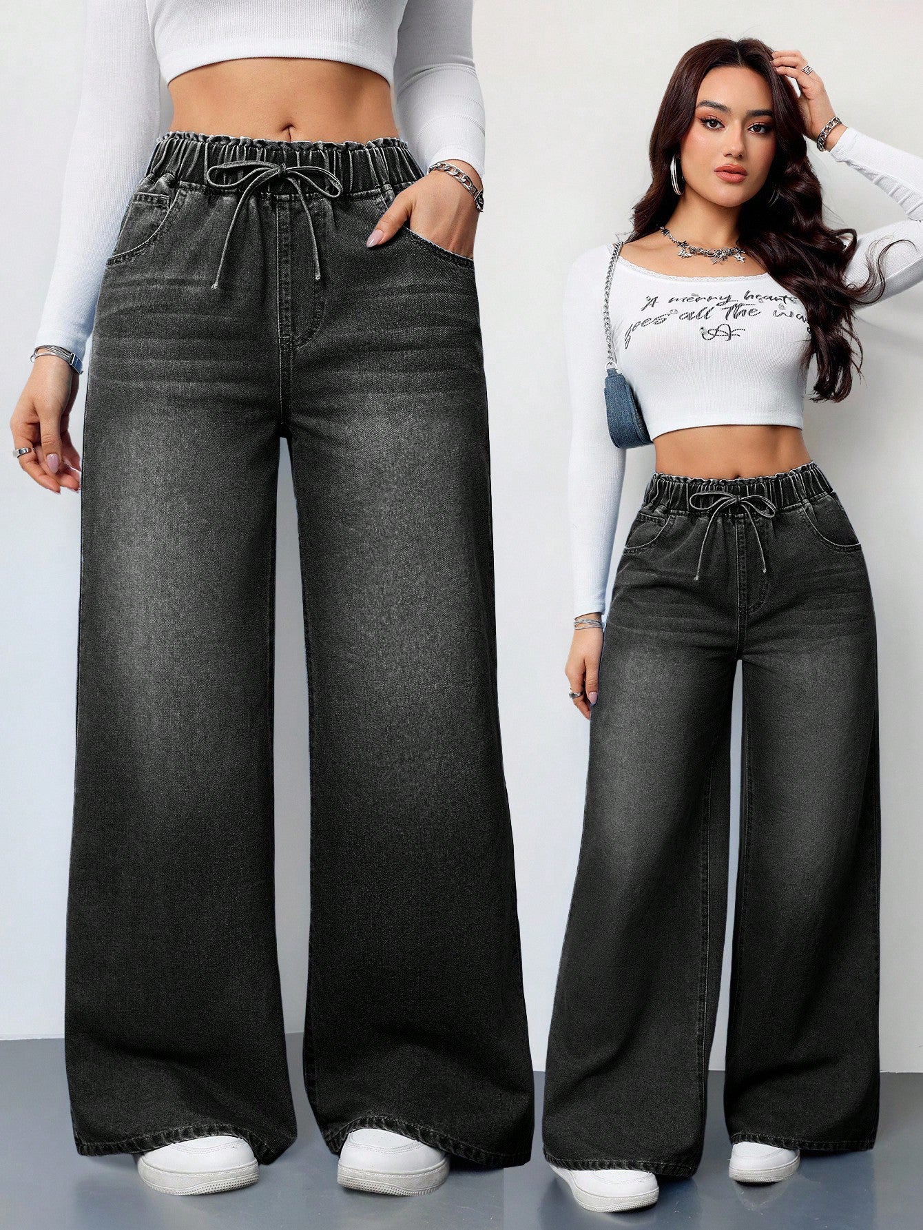 Drawstring High Waist Wide Jeans