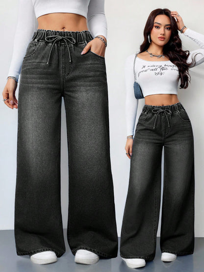 Drawstring High Waist Wide Jeans