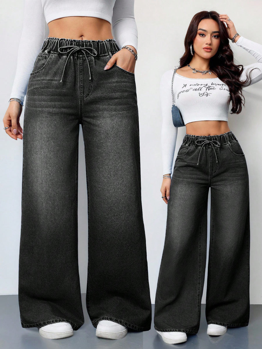 Drawstring High Waist Wide Jeans – Black Wide-Leg Jeans – Glossia Fashion