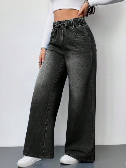 Drawstring High Waist Wide Jeans