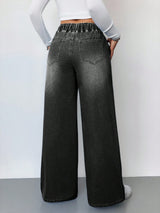 Drawstring High Waist Wide Jeans – Black Wide-Leg Jeans Back View – Glossia Fashion